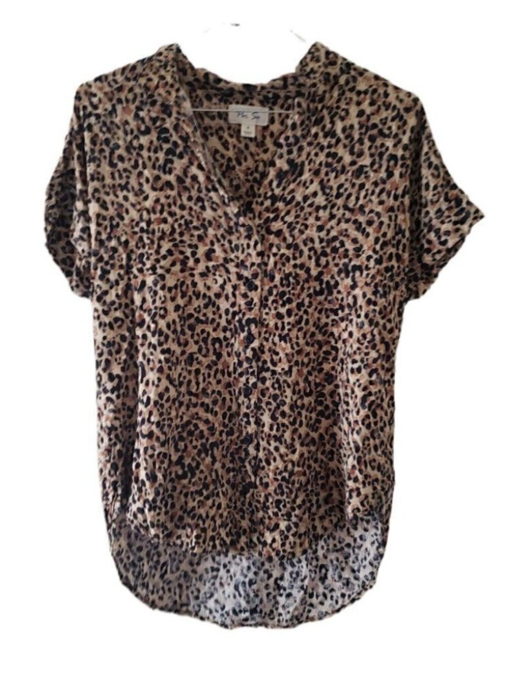 Per Se Brown Patterned Button Down Short Sleeve Blouse